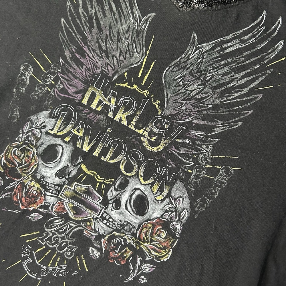 Harley Davidson Sequin Women's Large V Neck Skull Long Sleeve Black Shirt Y2k - Picture 5 of 9